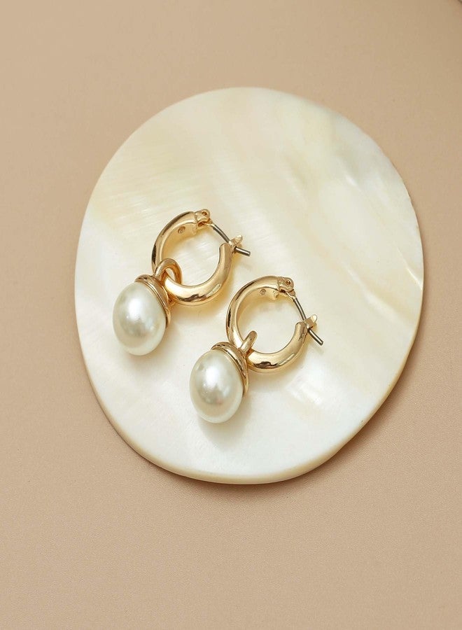 S SUSANN Small Chunky Gold pearl Hoop Earrings For Women, 14k Gold Thick statement huggie hoop earrings Trendy Hoop Earrings Set Hypoallergenic Fashion Earrings (Pearl drop) - Image 2